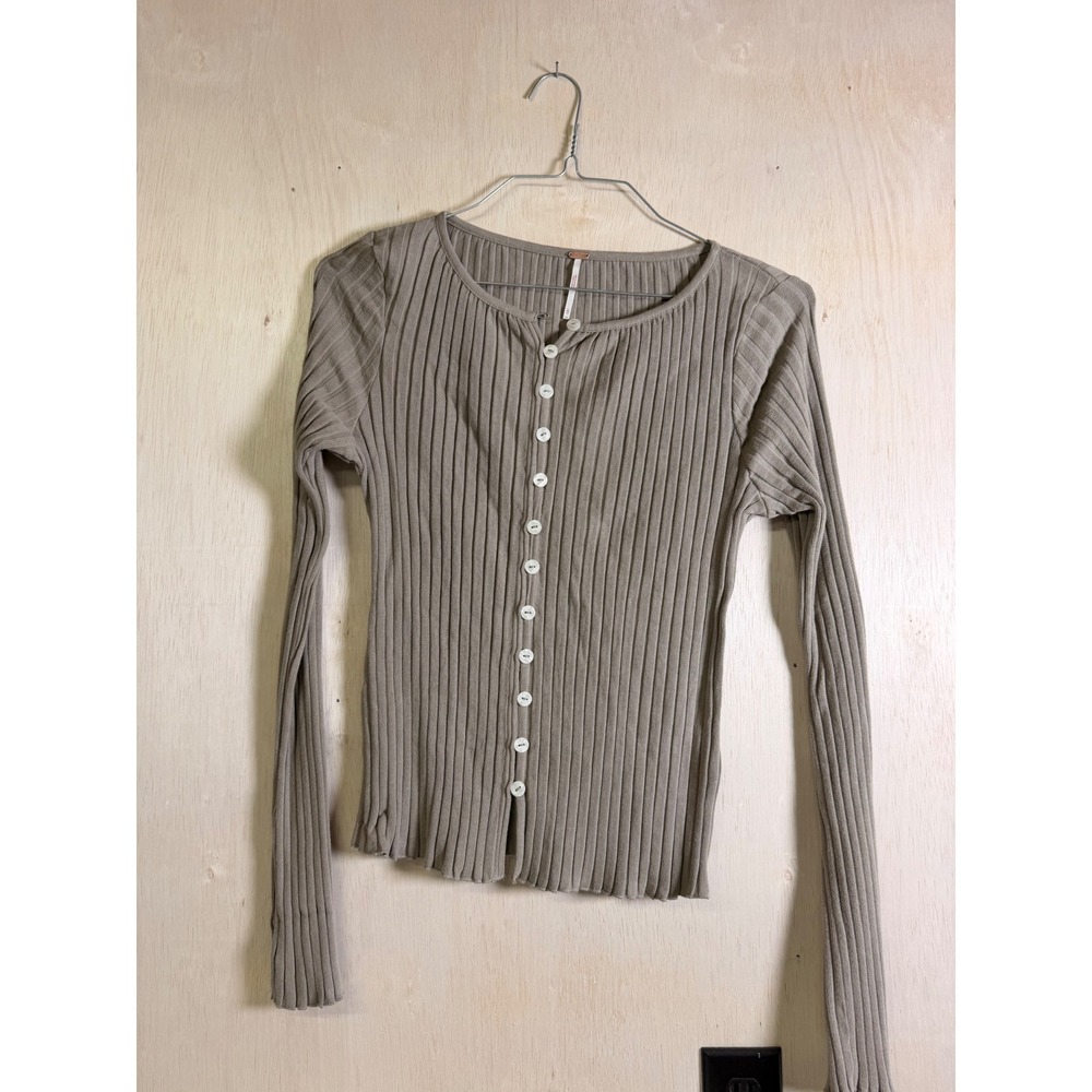 Free People Ribbed Cardigan Women Large Taupe Excellent Button Front Lettuce Hem